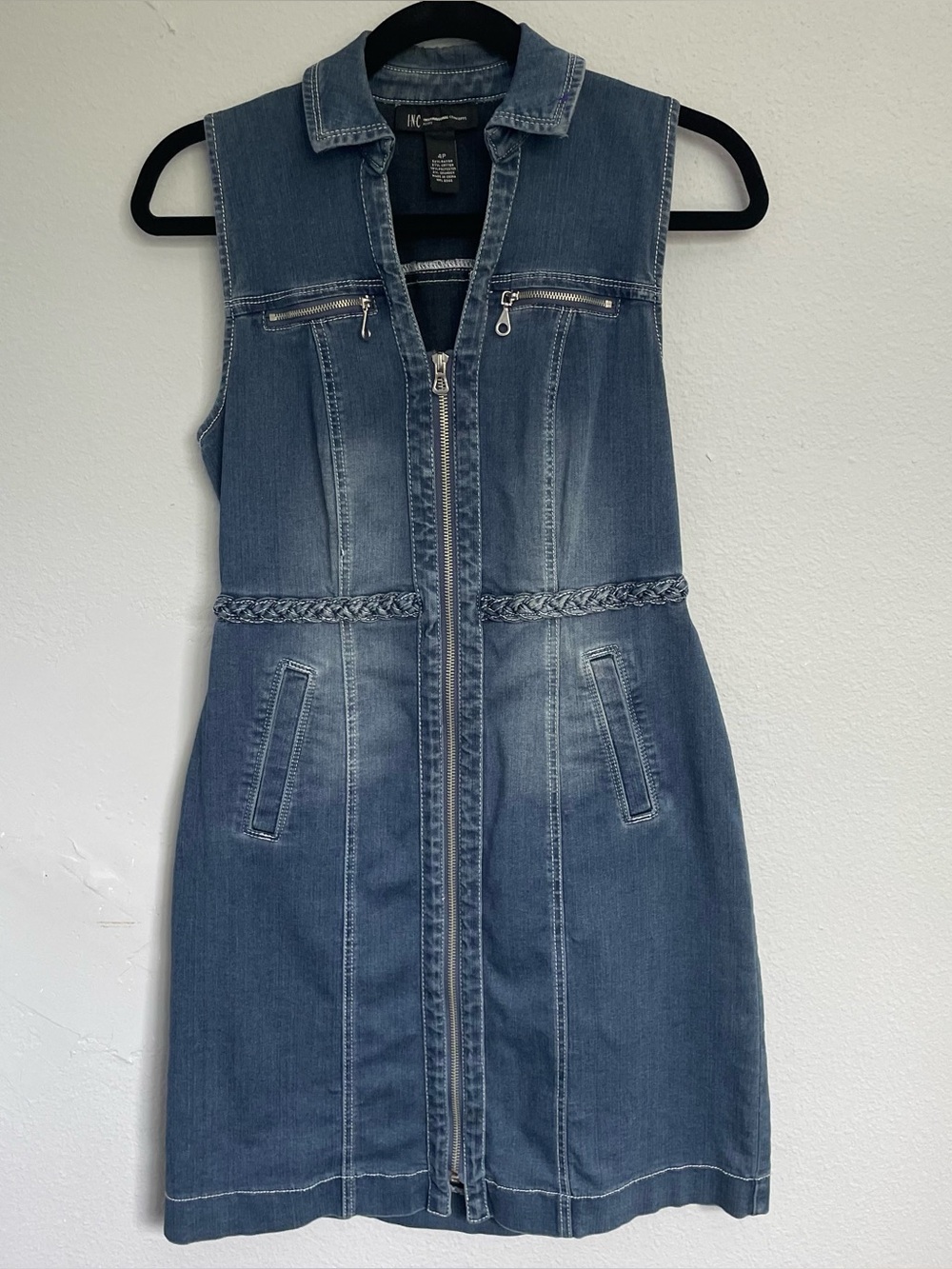 INC Denim Zip Front Dress Braided Waist Petite 4P